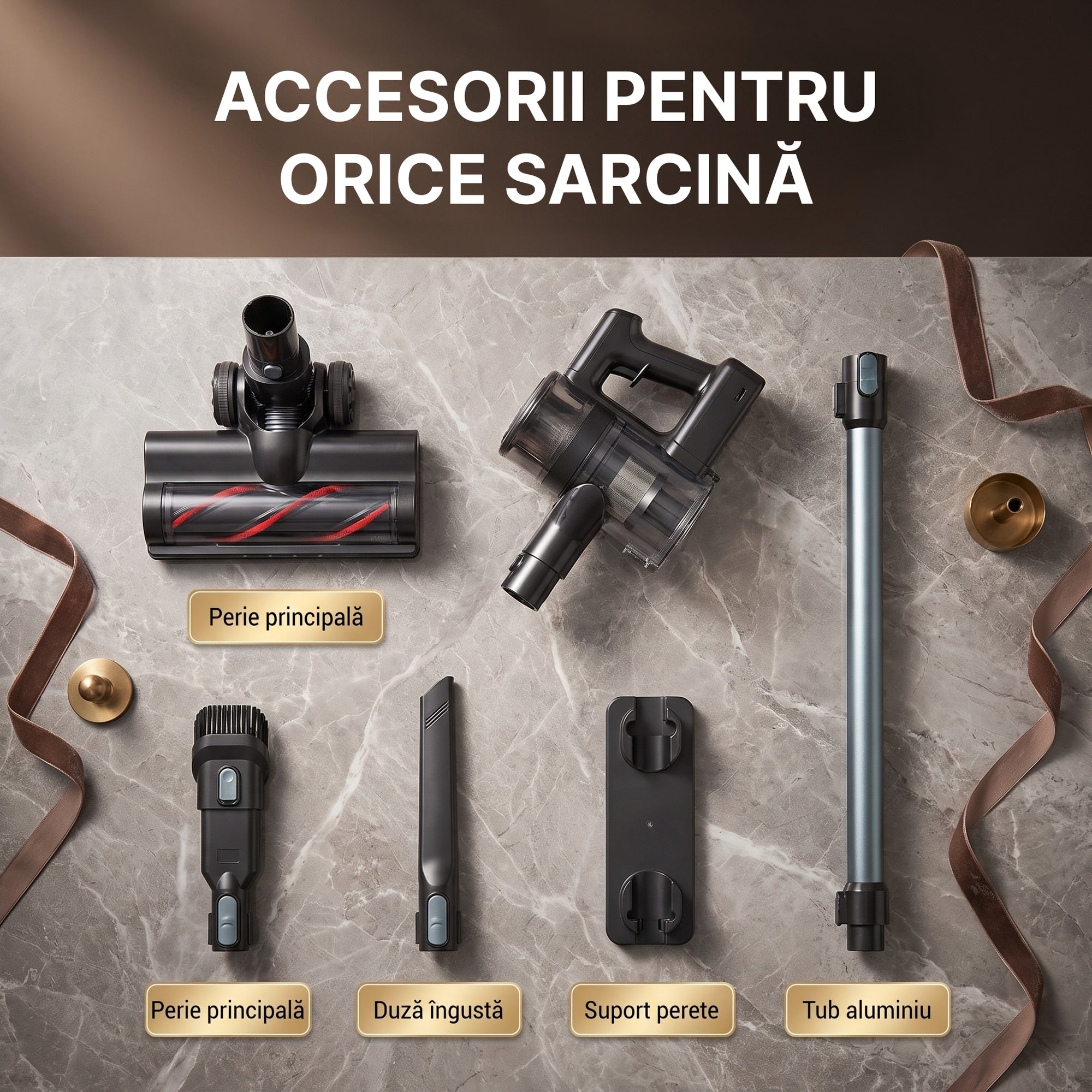 Accesoriile incluse la P11 Pro verde: perie principala, duza ingusta, suport perete si tub din aluminiu