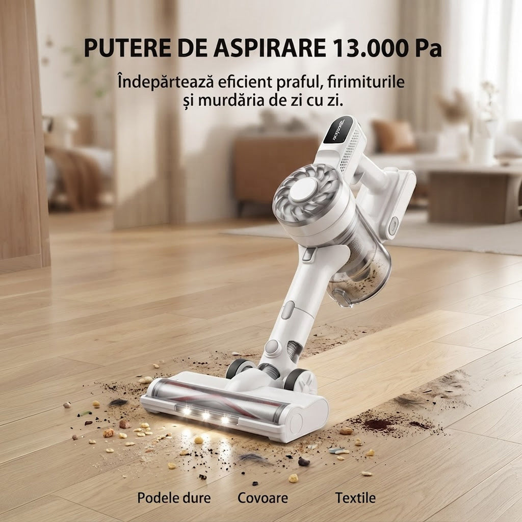 Aspirator vertical fara fir SeveShop V08 alb, 180 W, 13.000 Pa, container 900 ml, perie cu LED