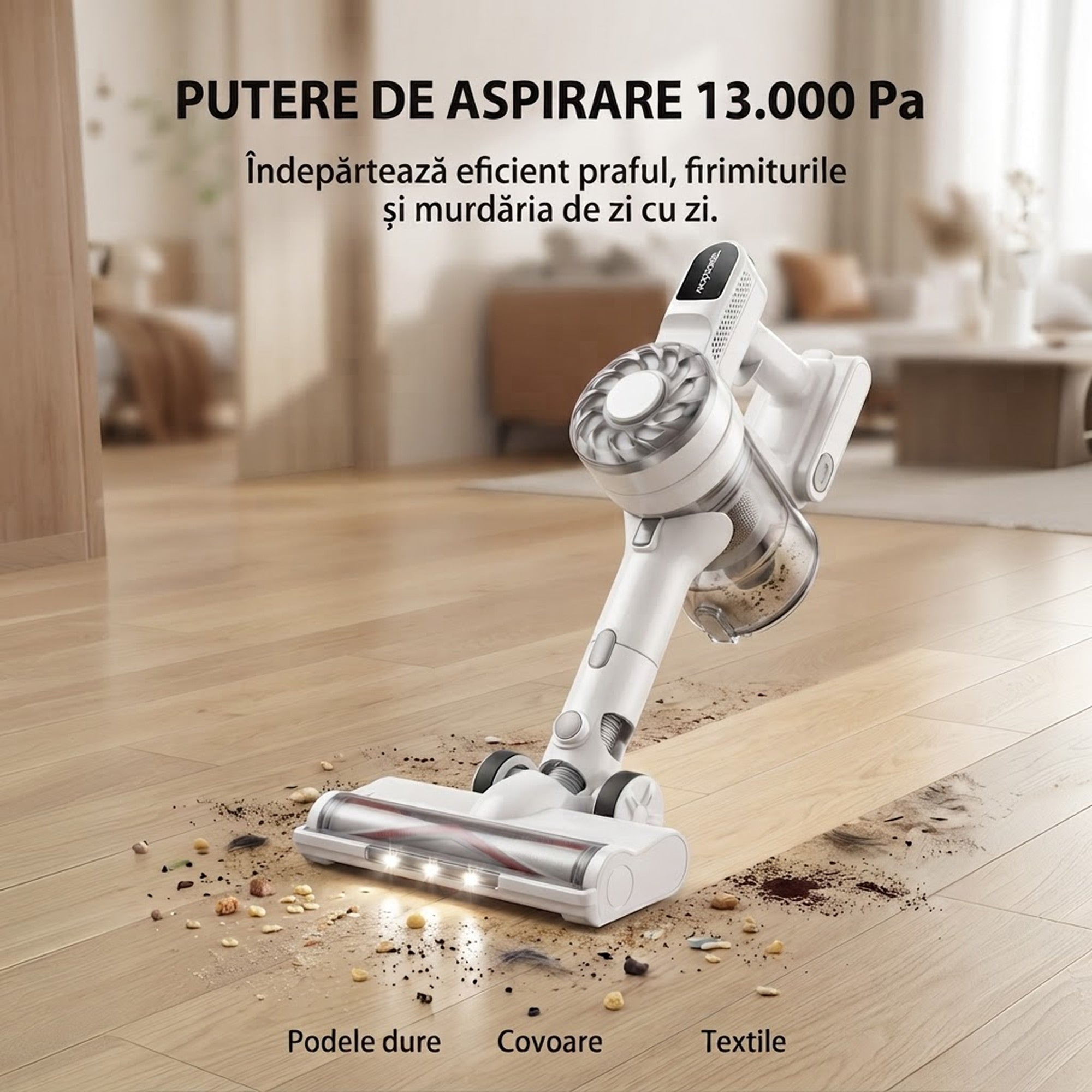 Aspirator vertical fara fir SeveShop V08 alb, 180 W, 13.000 Pa, container 900 ml, perie cu LED