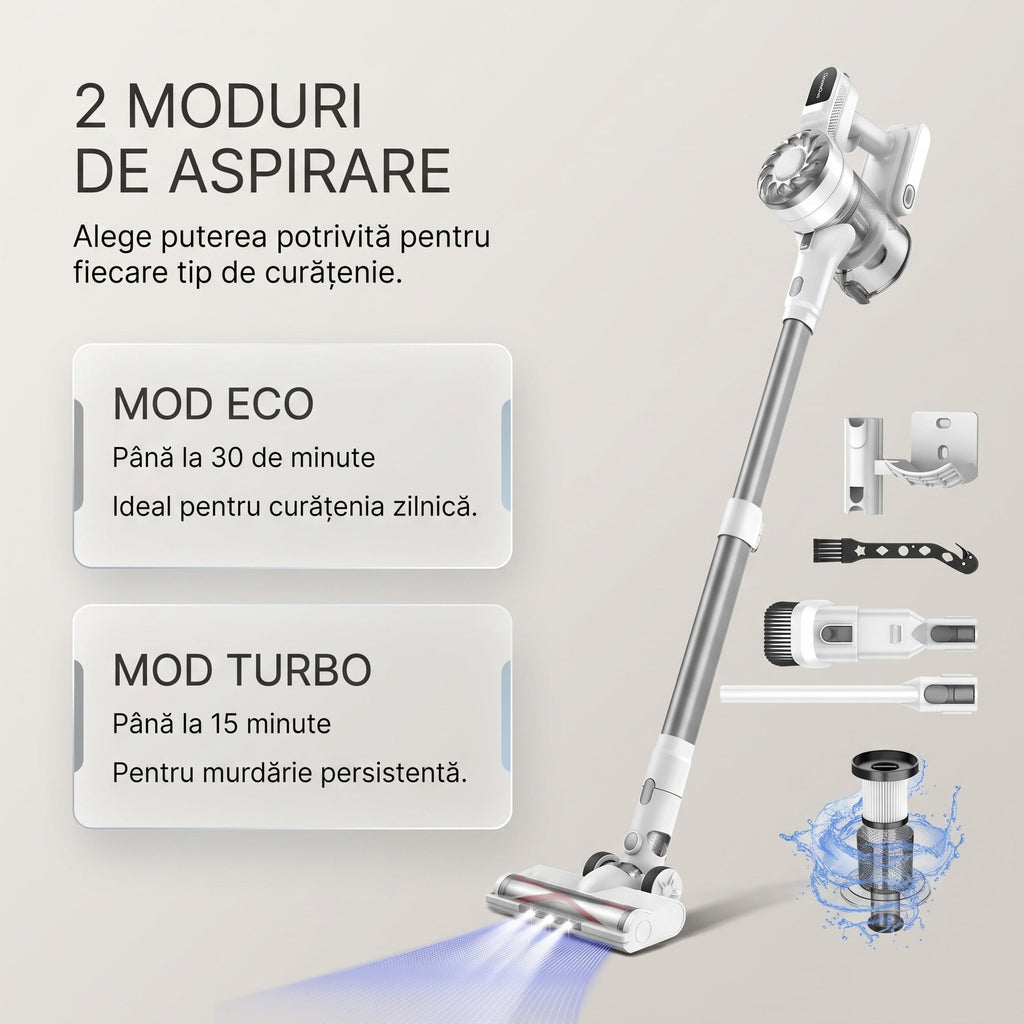 Aspirator vertical fara fir SeveShop V08 alb, 180 W, 13.000 Pa, container 900 ml, perie cu LED