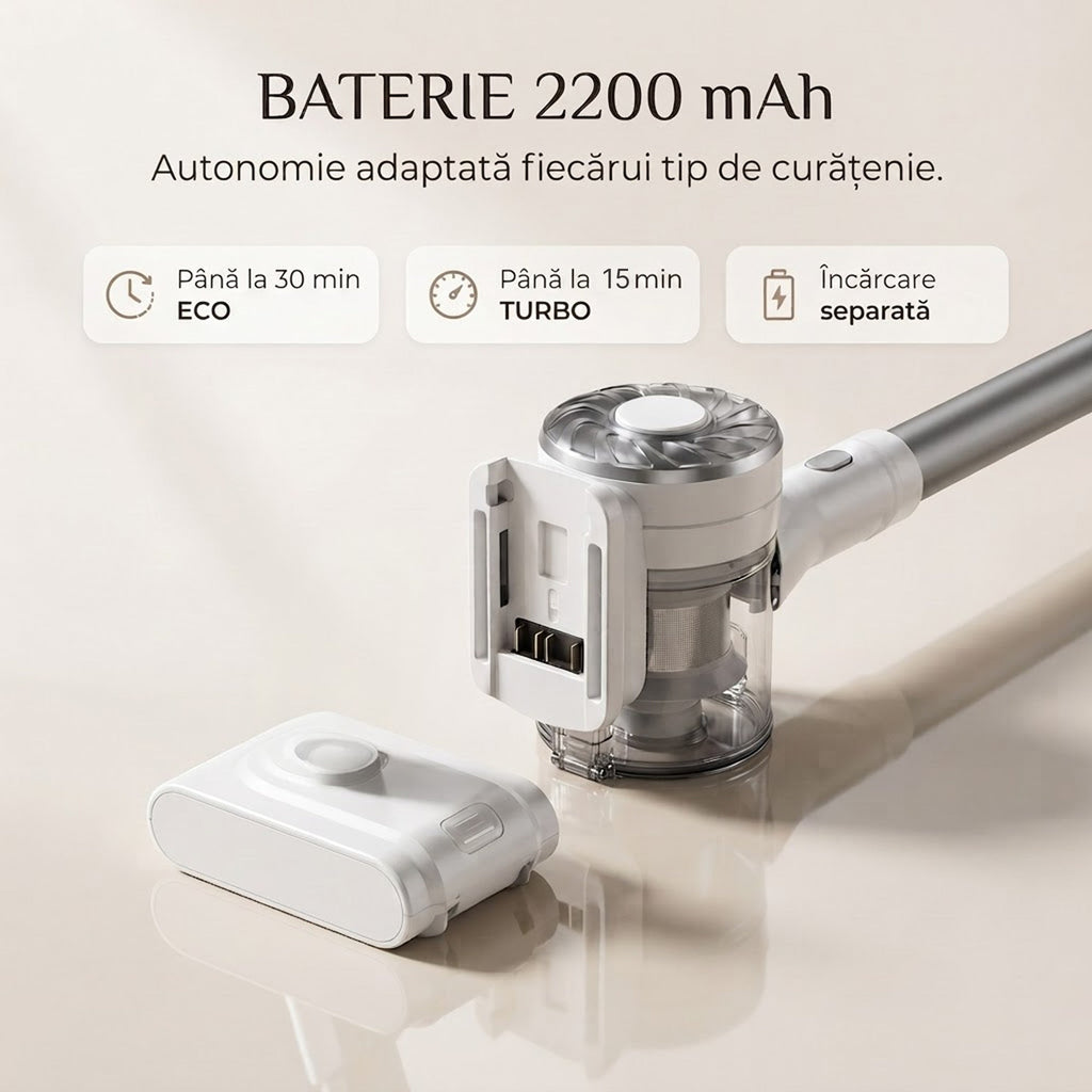 Aspirator vertical fara fir SeveShop V08 alb, 180 W, 13.000 Pa, container 900 ml, perie cu LED