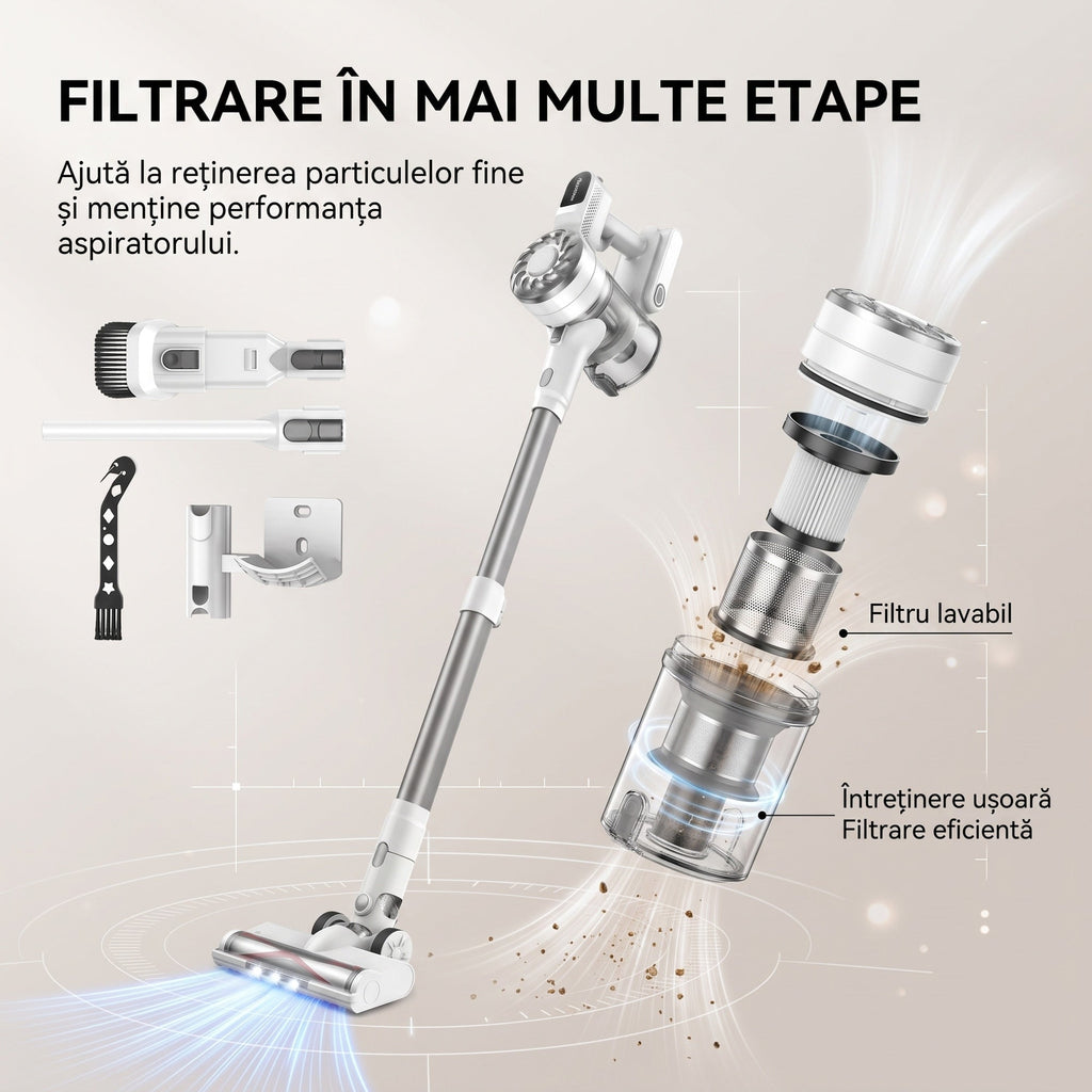Aspirator vertical V08 alb detasat ca aspirator de mana pentru canapea si spatii inguste