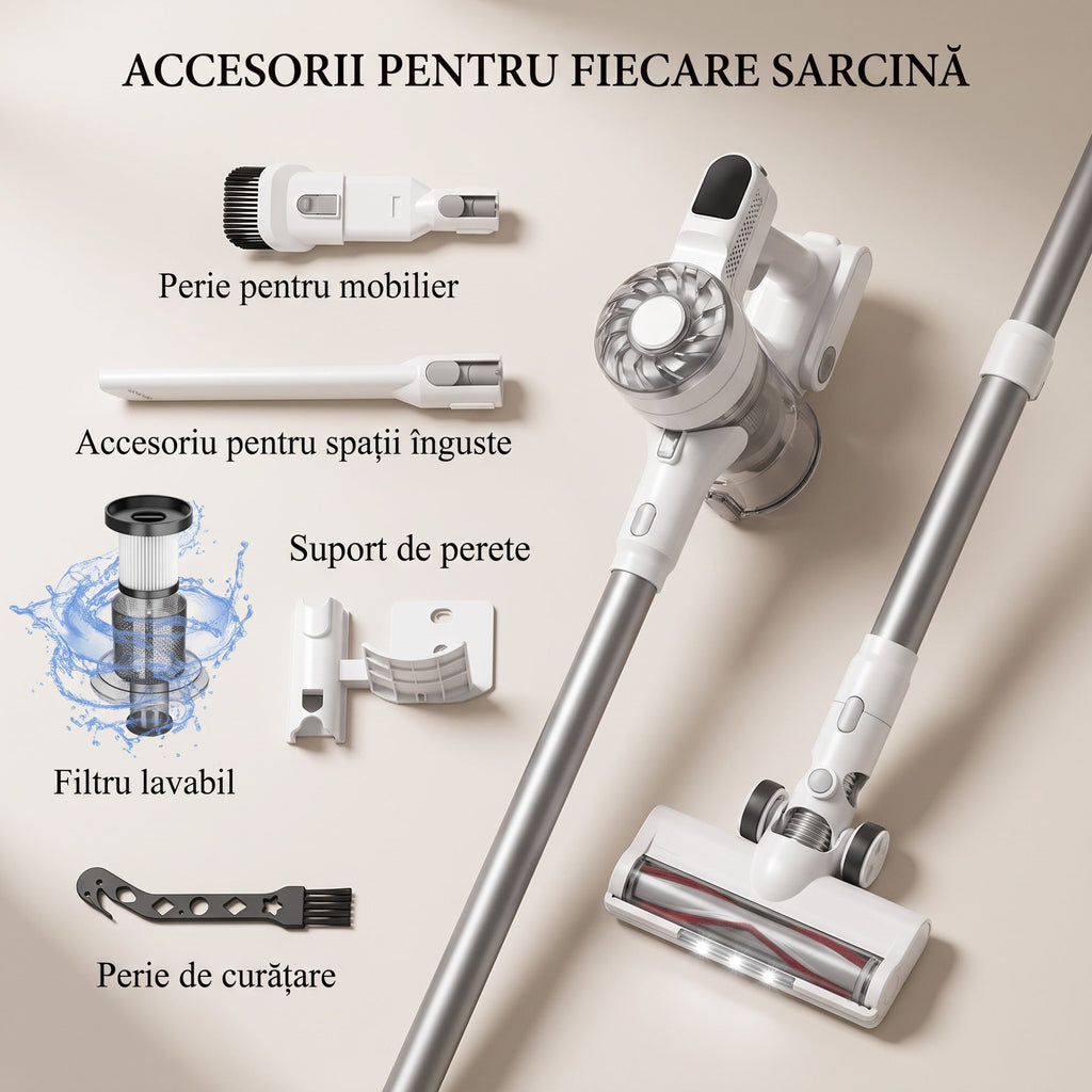 Aspirator vertical fara fir SeveShop V08 alb, 180 W, 13.000 Pa, container 900 ml, perie cu LED