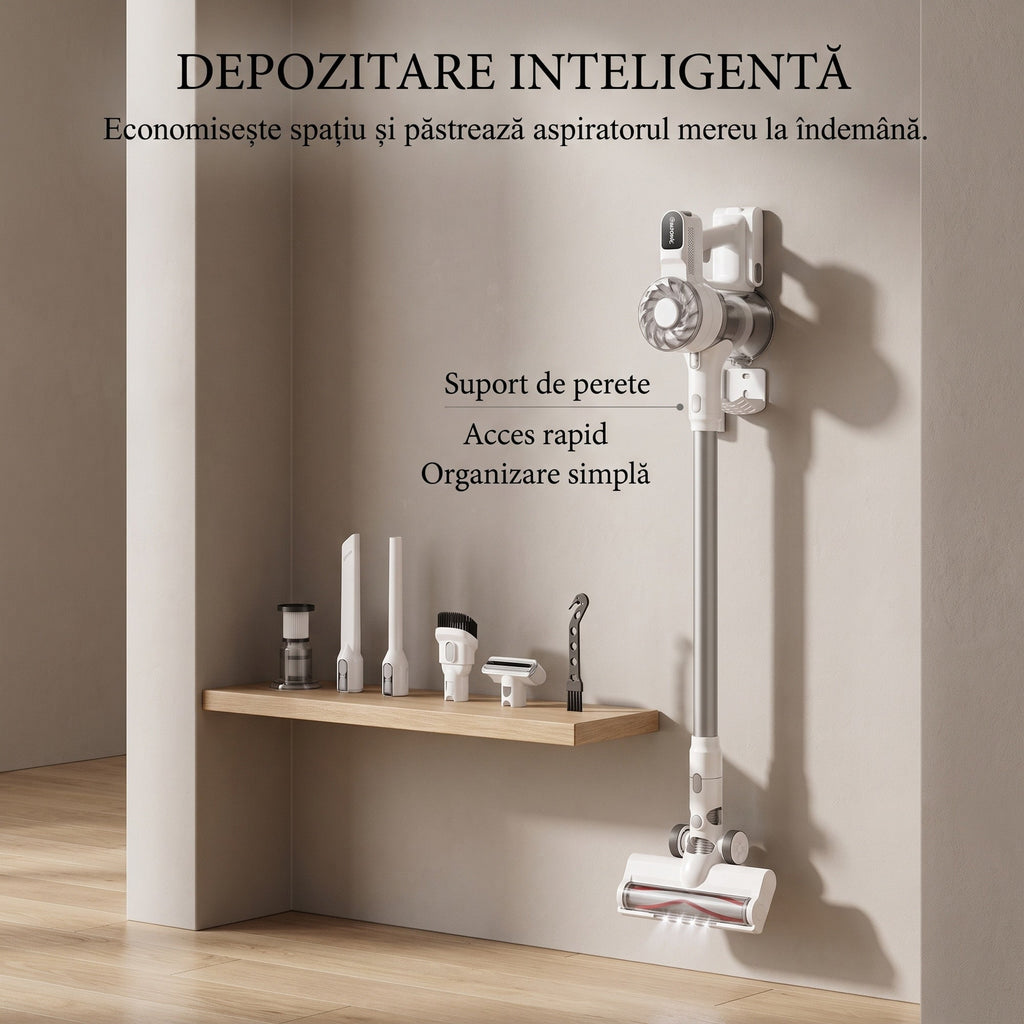 Aspirator vertical fara fir SeveShop V08 alb, perie cu iluminare LED pentru zone intunecate
