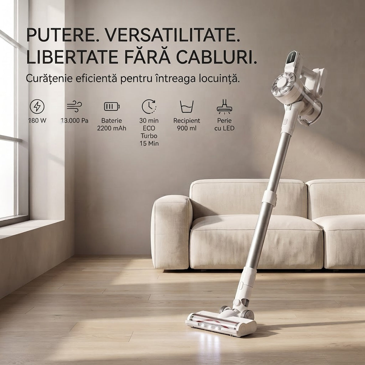 Aspirator vertical fara fir SeveShop V08 alb, 180 W, 13.000 Pa, container 900 ml, perie cu LED
