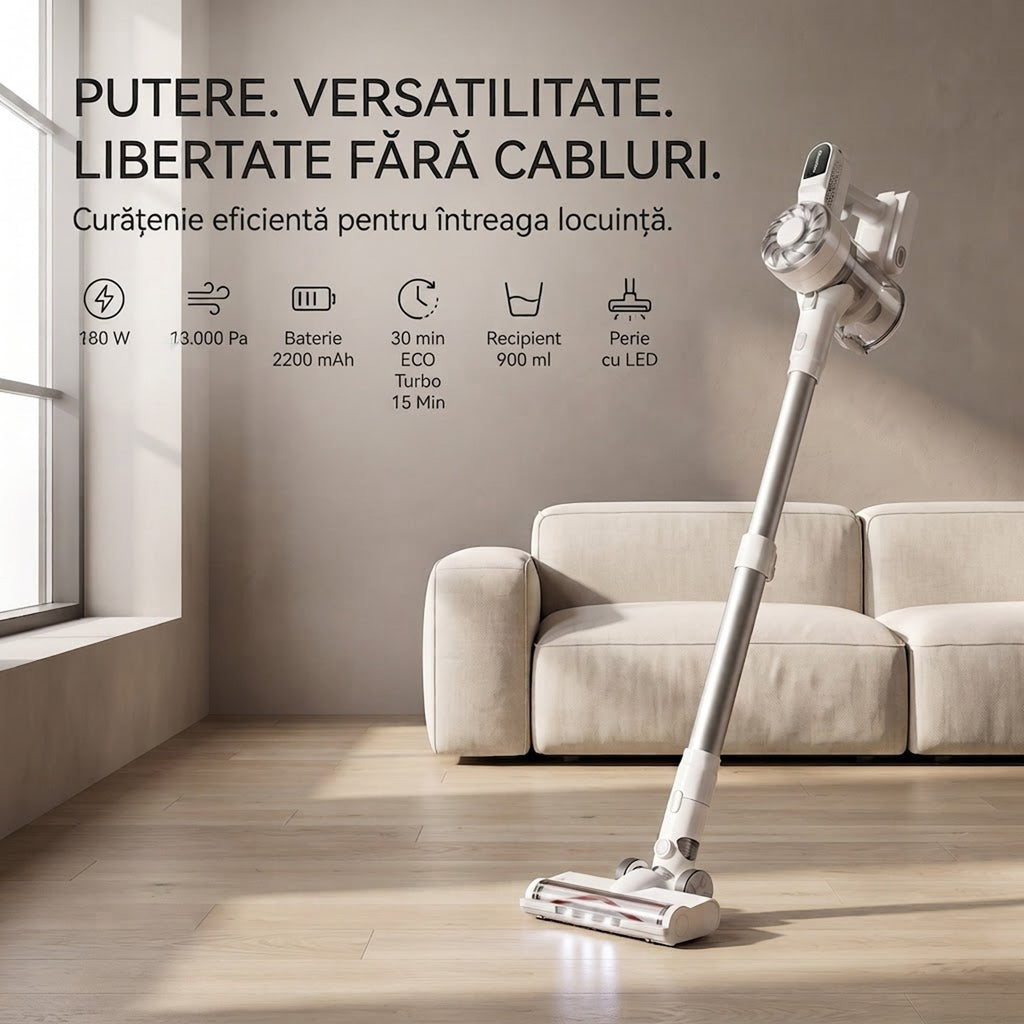 Aspirator vertical fara fir SeveShop V08 alb, 180 W, 13.000 Pa, container 900 ml, perie cu LED