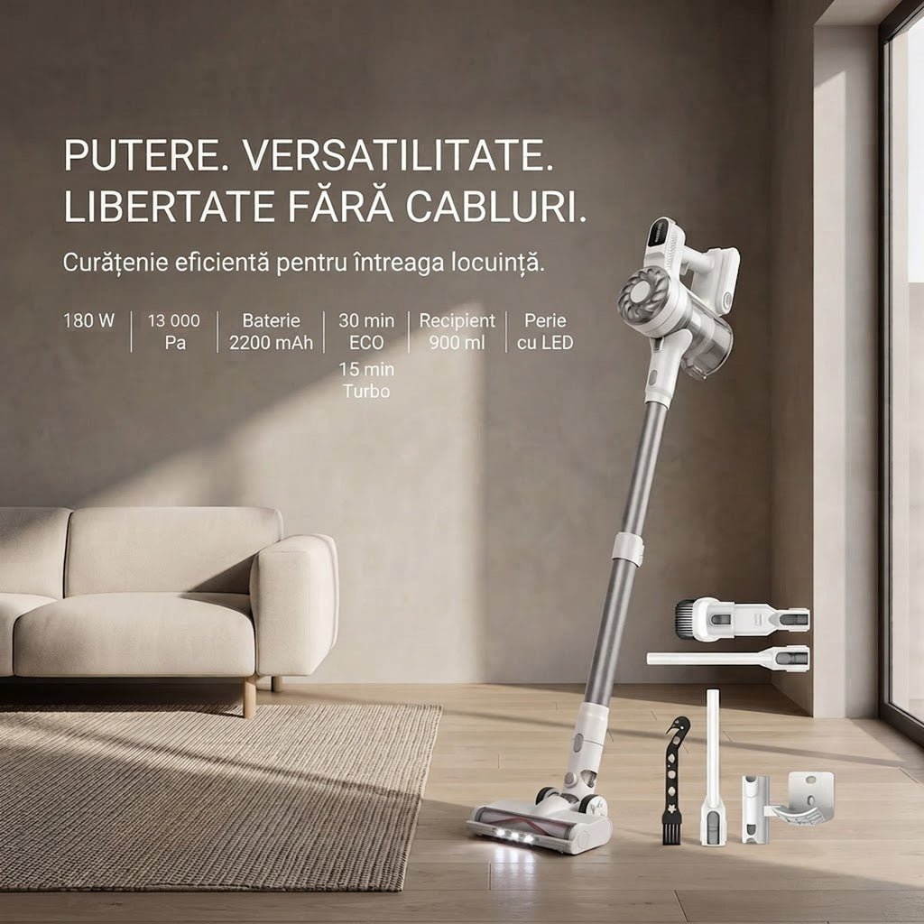 Aspirator vertical fara fir SeveShop V08 alb, filtrare HEPA in 5 etape, lavabila