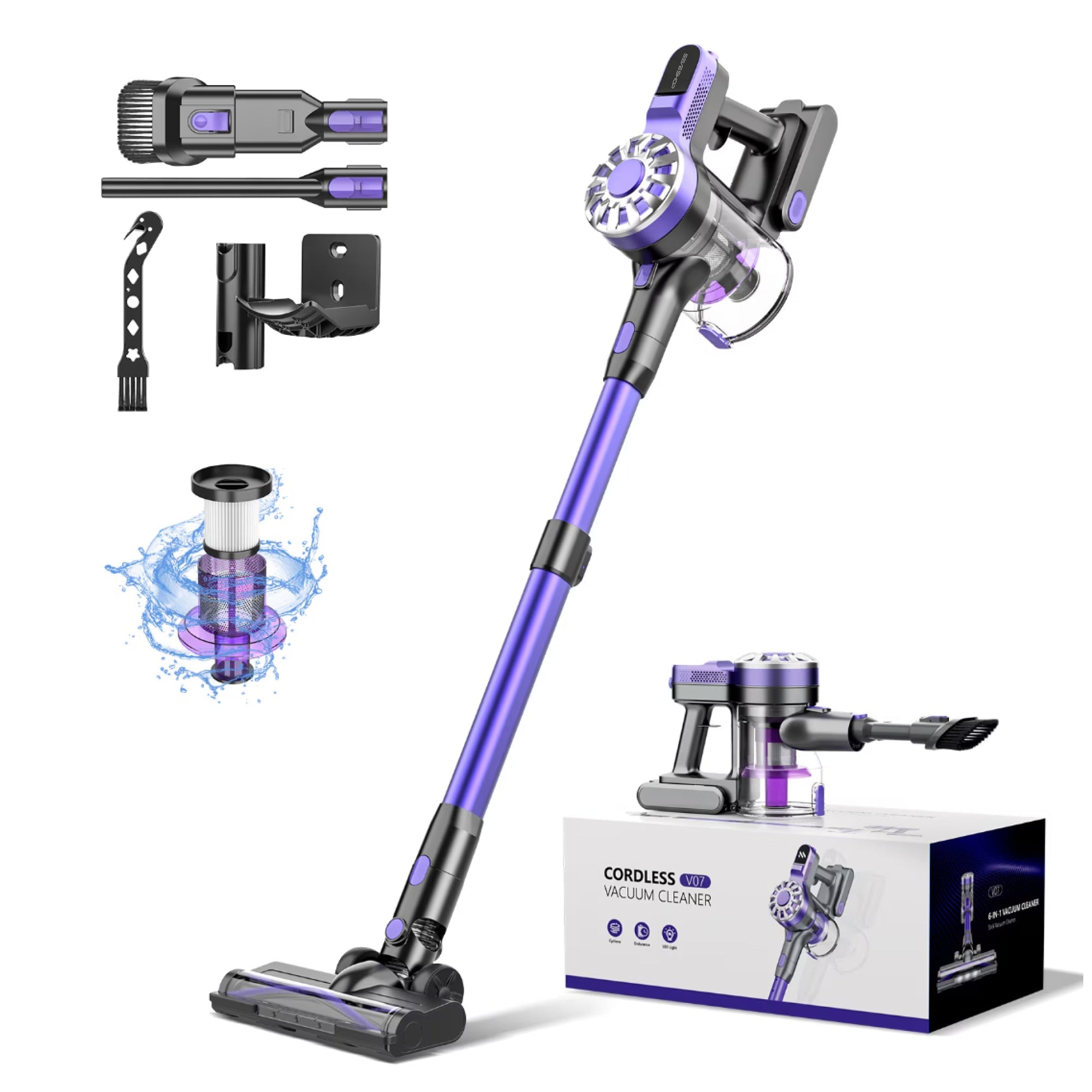 Aspirator vertical fara fir SeveShop V08 mov, 180 W, 13.000 Pa, cu accesoriile si cutia incluse