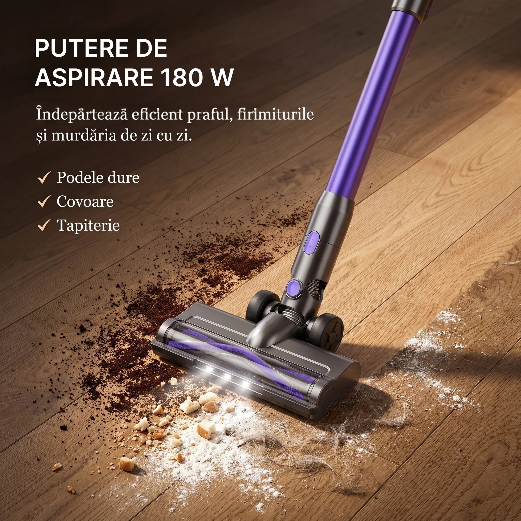 Putere de aspirare 180 W: aspiratorul V08 curata podele dure, covoare si tapiterie