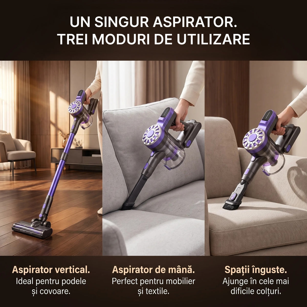 Trei moduri de utilizare pentru V08: aspirator vertical, aspirator de mana si spatii inguste