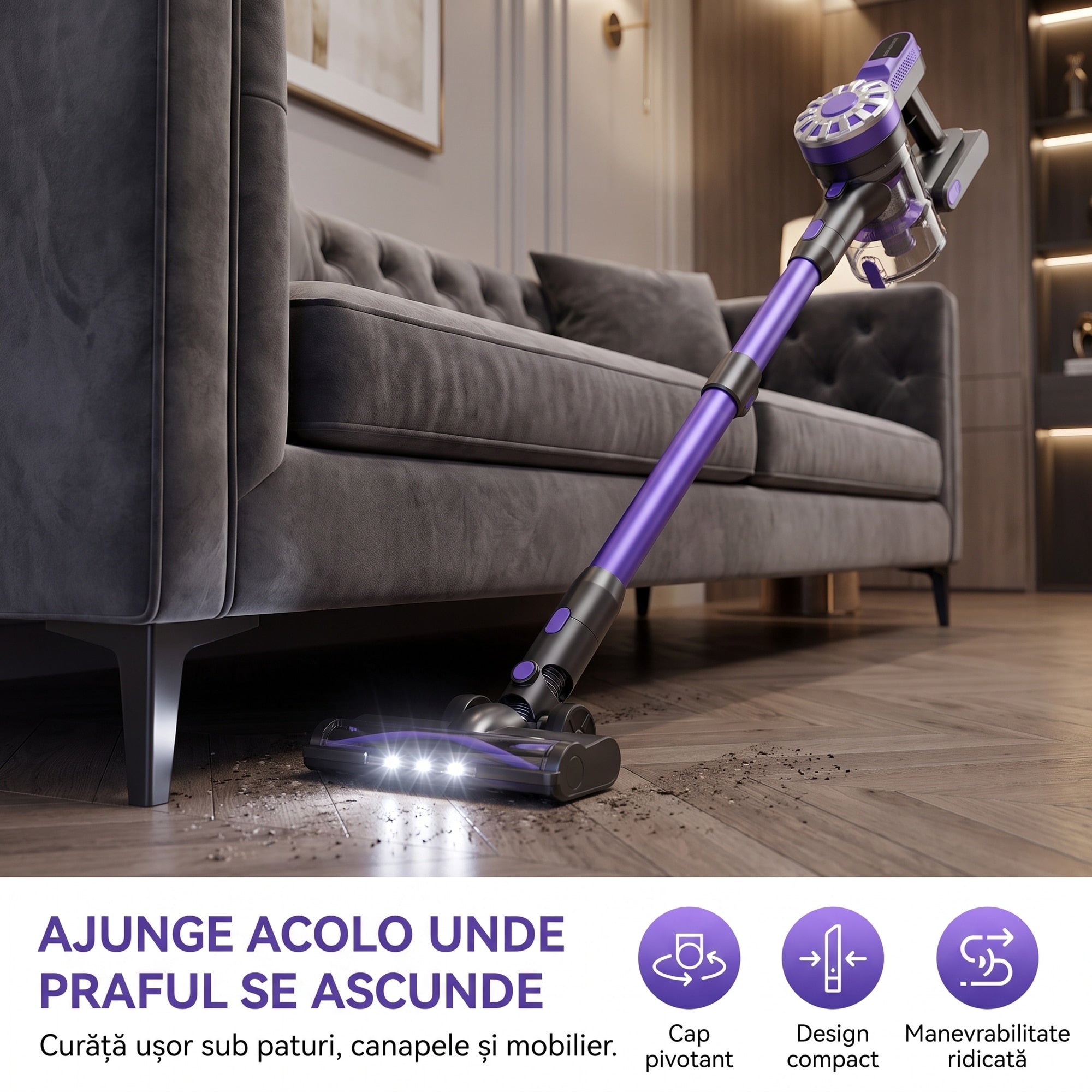 Aspiratorul V08 ajunge sub paturi, canapele si mobilier: cap pivotant si design compact