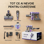 Accesoriile incluse la V08: perie principala, perie mobilier, accesoriu ingust, filtru HEPA, suport perete si incarcator