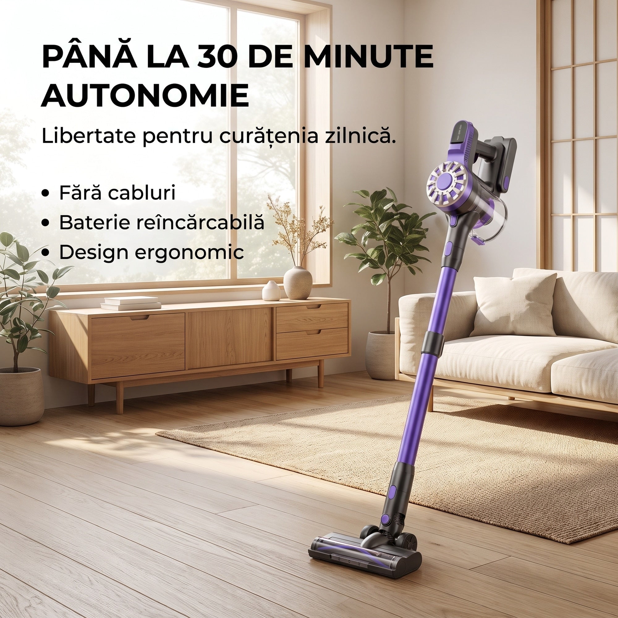 Pana la 30 de minute autonomie la aspiratorul V08, fara cabluri si cu baterie reincarcabila