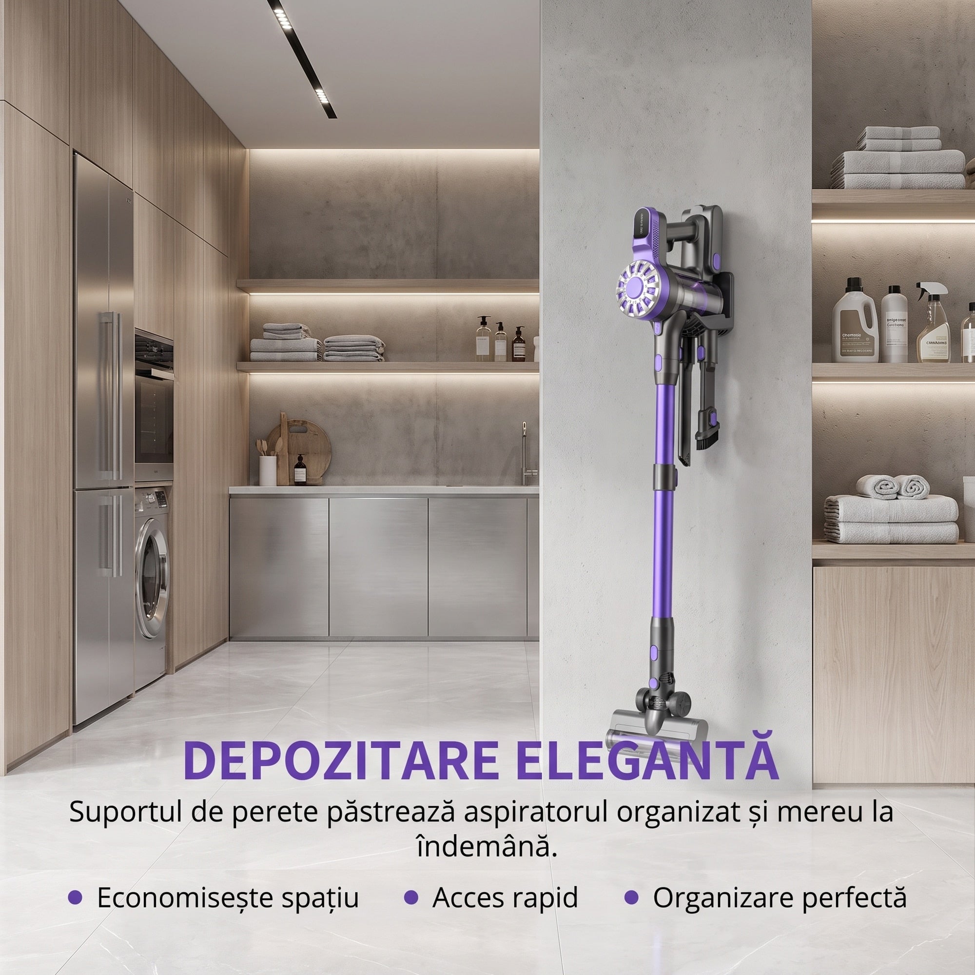 Depozitare eleganta: suportul de perete pastreaza aspiratorul V08 organizat si la indemana