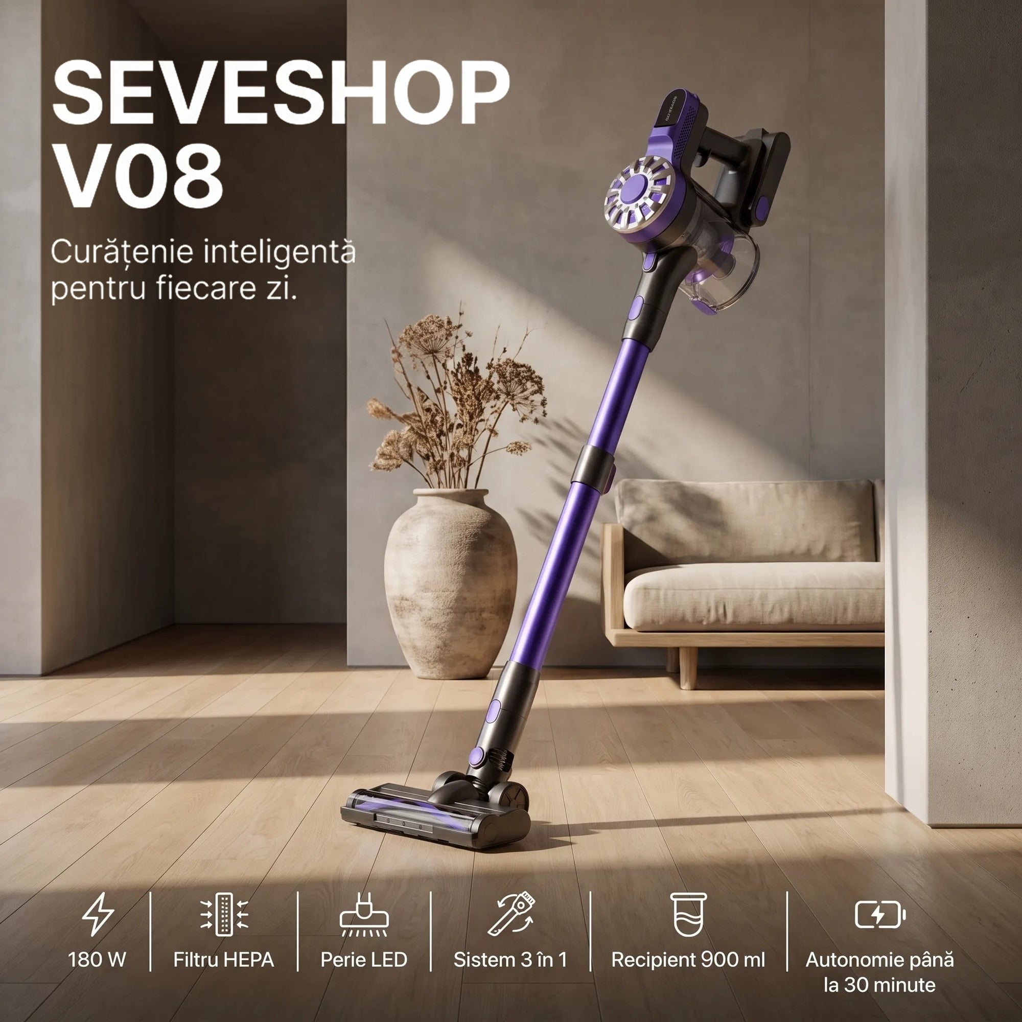 Aspirator vertical SeveShop V08 mov: 180 W, filtru HEPA, perie LED, recipient 900 ml