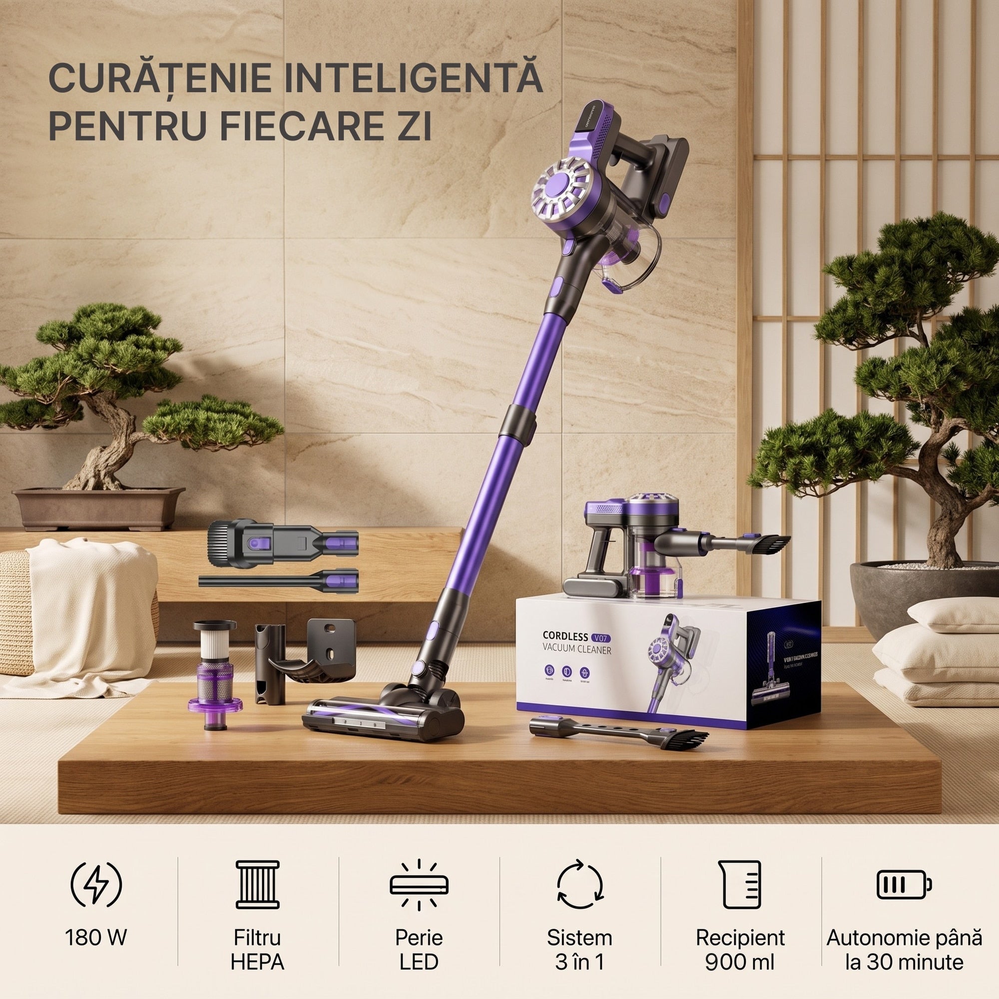 Aspiratorul V08 cu toate accesoriile: 180 W, filtru HEPA, perie LED, sistem 3 in 1, recipient 900 ml