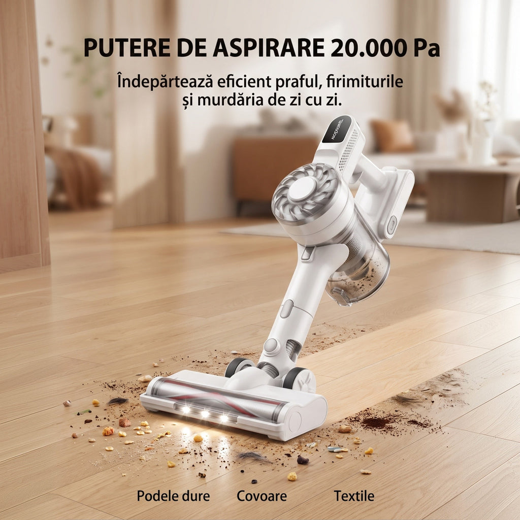 Aspirator vertical V08 Pro cu putere de aspirare de 20.000 Pa pe podele dure, covoare si textile