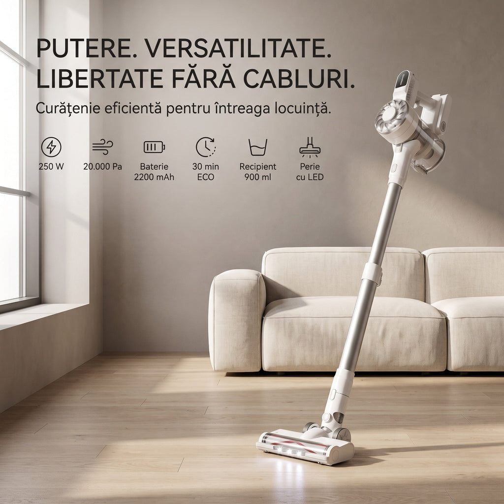 Aspirator vertical fara fir SeveShop V08 Pro alb, perie cu iluminare LED pentru zone intunecate