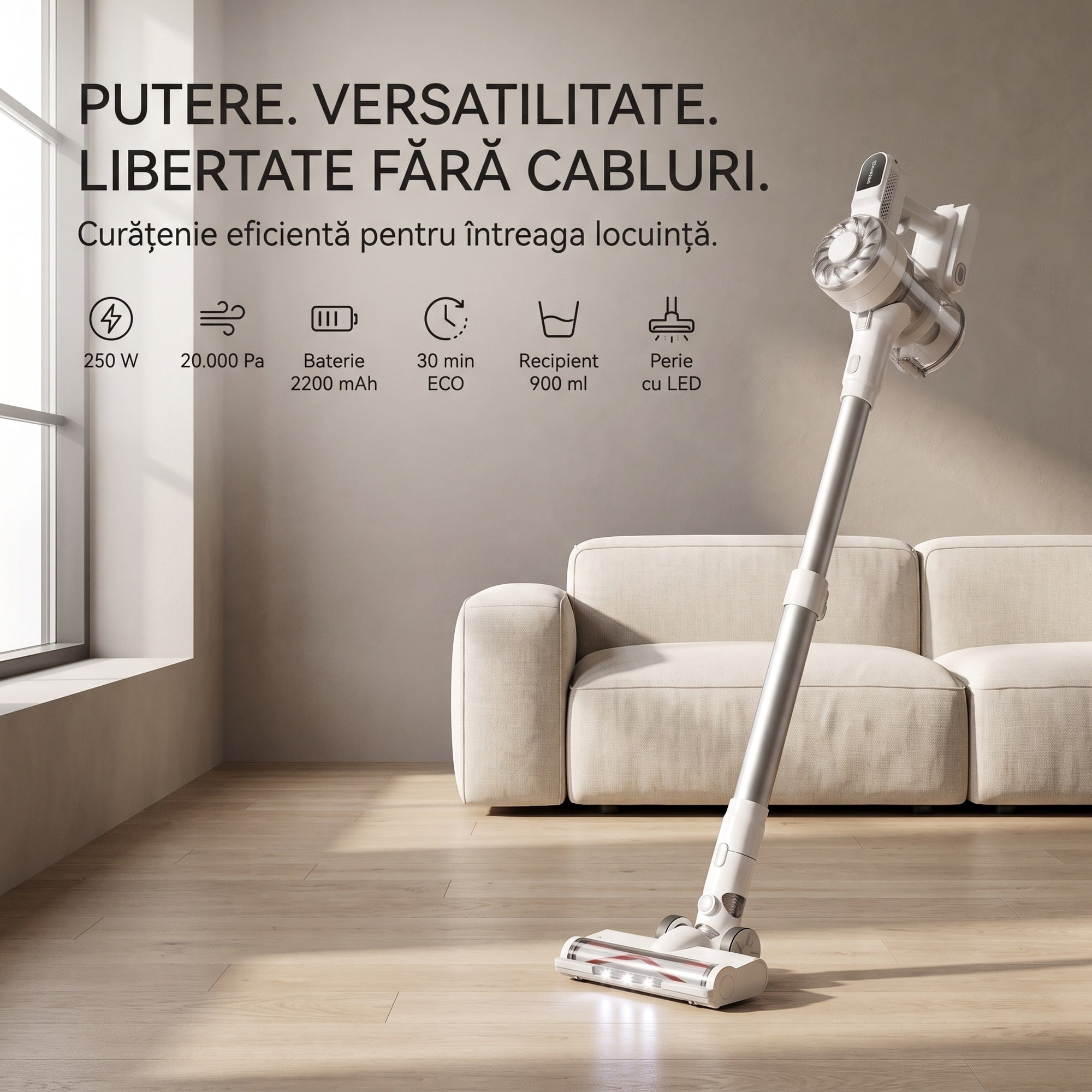 Aspirator vertical fara fir SeveShop V08 Pro alb, perie cu iluminare LED pentru zone intunecate