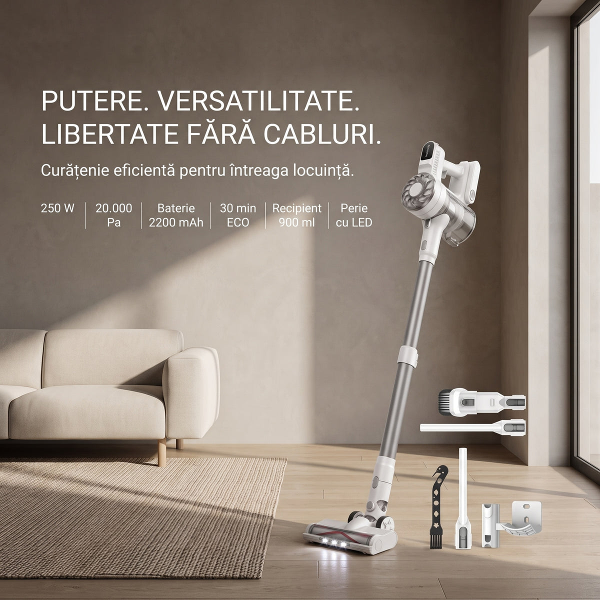 Aspirator vertical fara fir SeveShop V08 Pro alb, container transparent de 900 ml
