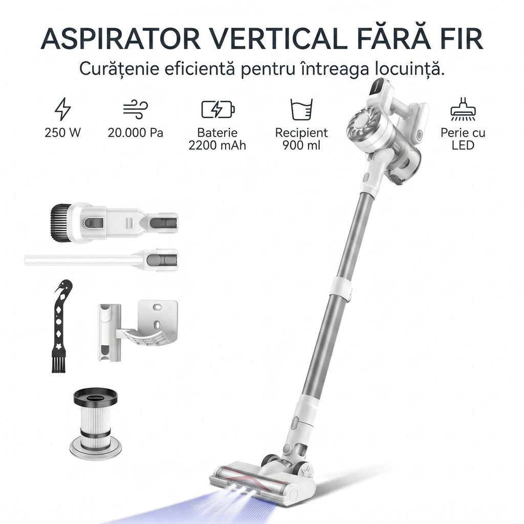 Accesoriile incluse la V08 Pro: perie principala cu LED, accesoriu 2 in 1, teava metalica si suport perete