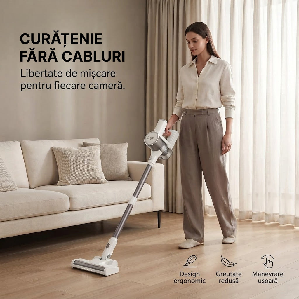 Aspirator vertical V10 Pro folosit fara fir in living, libertate de miscare in fiecare camera