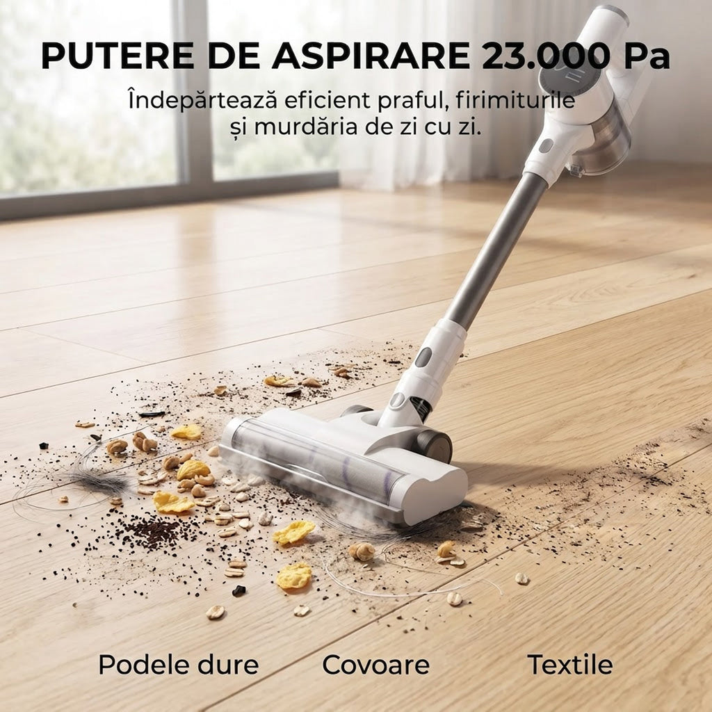 Aspirator vertical fara fir SeveShop V10 Pro alb, 250 W, 23.000 Pa, tub din aluminiu