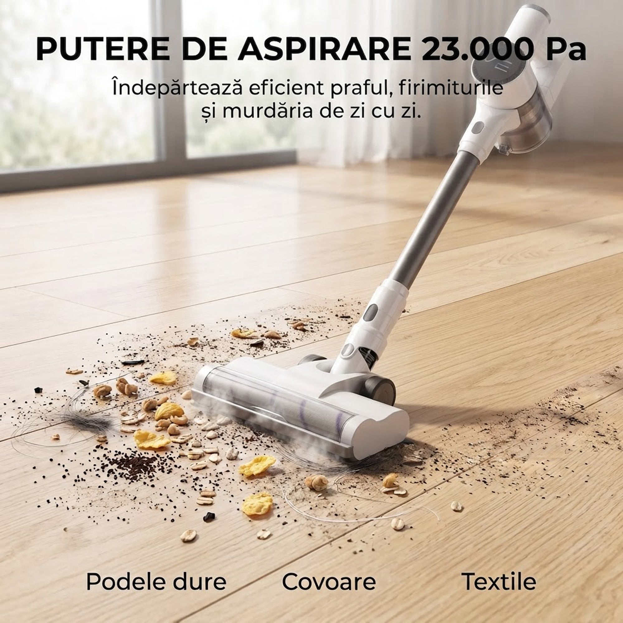 Aspirator vertical fara fir SeveShop V10 Pro alb, 250 W, 23.000 Pa, tub din aluminiu