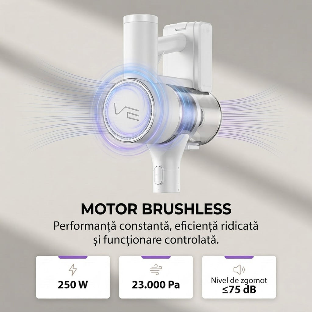 Aspirator vertical fara fir SeveShop V10 Pro alb, 250 W, 23.000 Pa, tub din aluminiu