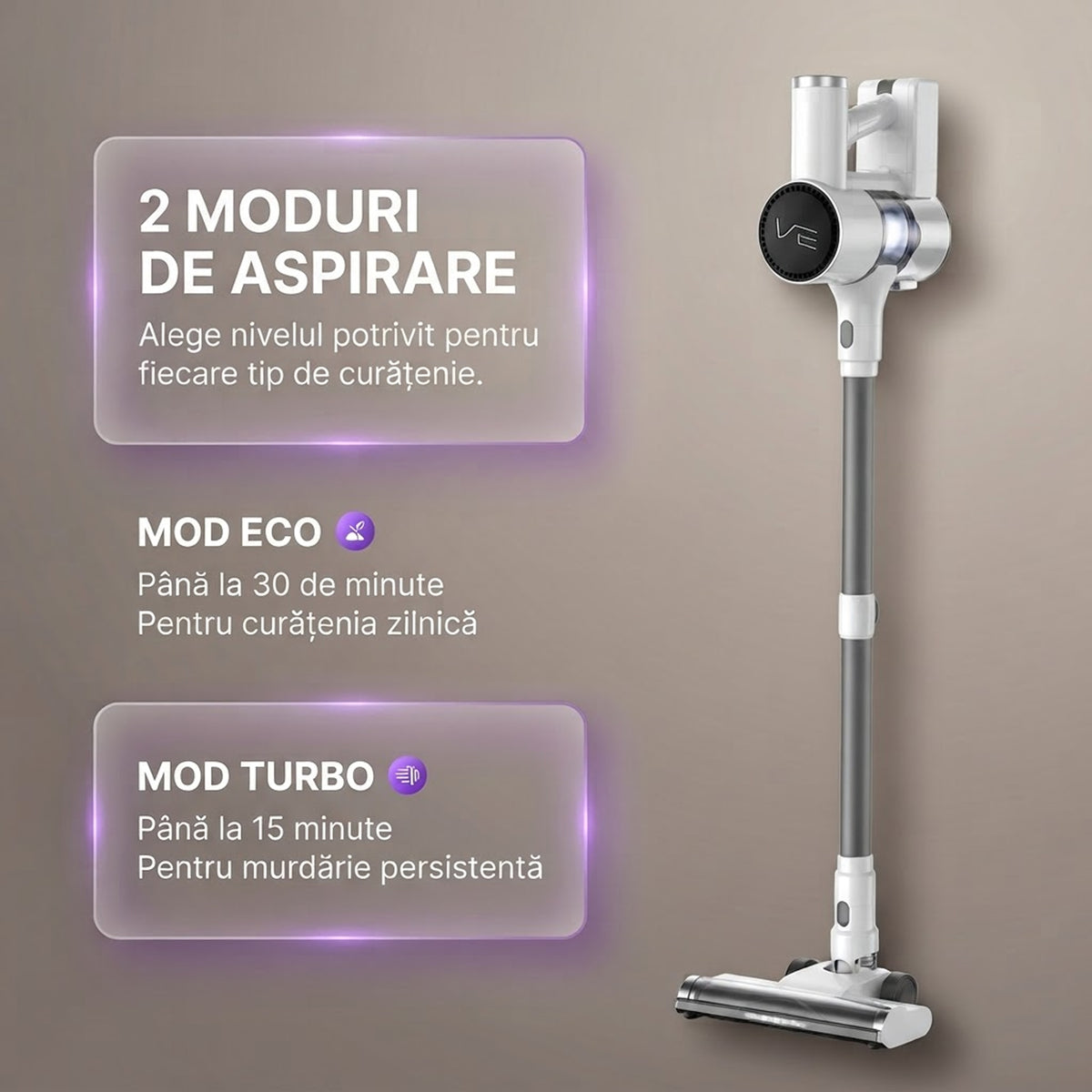 Cele doua moduri de aspirare ale V10 Pro: ECO pana la 30 de minute si Turbo pana la 15 minute