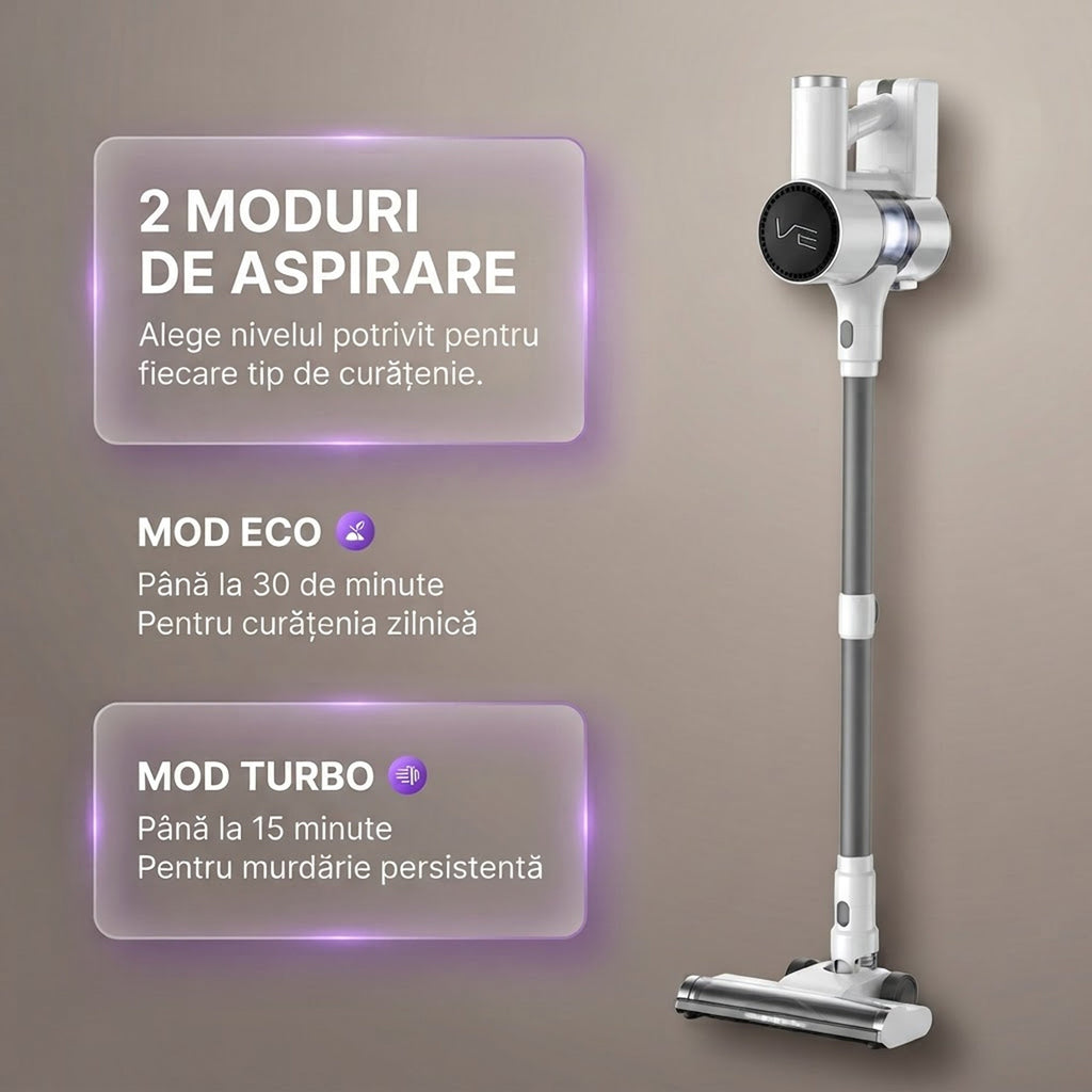 Cele doua moduri de aspirare ale V10 Pro: ECO pana la 30 de minute si Turbo pana la 15 minute
