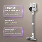 Cele doua moduri de aspirare ale V10 Pro: ECO pana la 30 de minute si Turbo pana la 15 minute