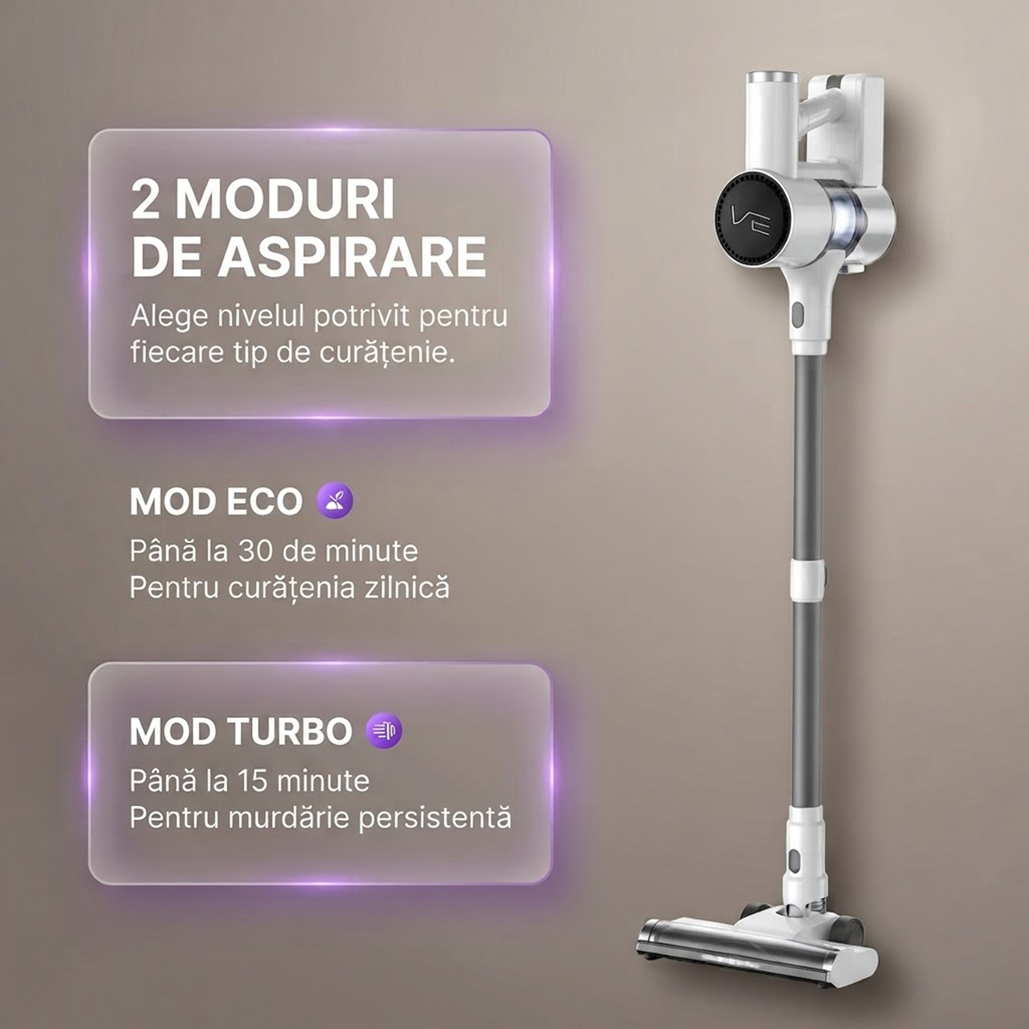Cele doua moduri de aspirare ale V10 Pro: ECO pana la 30 de minute si Turbo pana la 15 minute