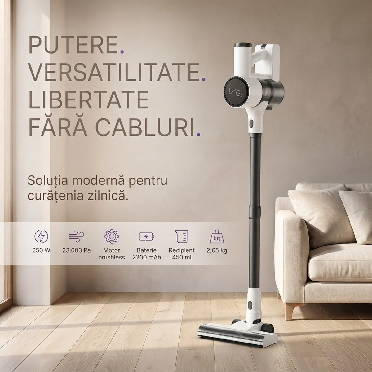 Aspirator vertical fara fir SeveShop V10 Pro alb, 250 W, 23.000 Pa, tub din aluminiu