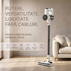 Componentele aspiratorului V10 Pro: motor 250 W, cupa de praf, filtru HEPA si tub din aluminiu