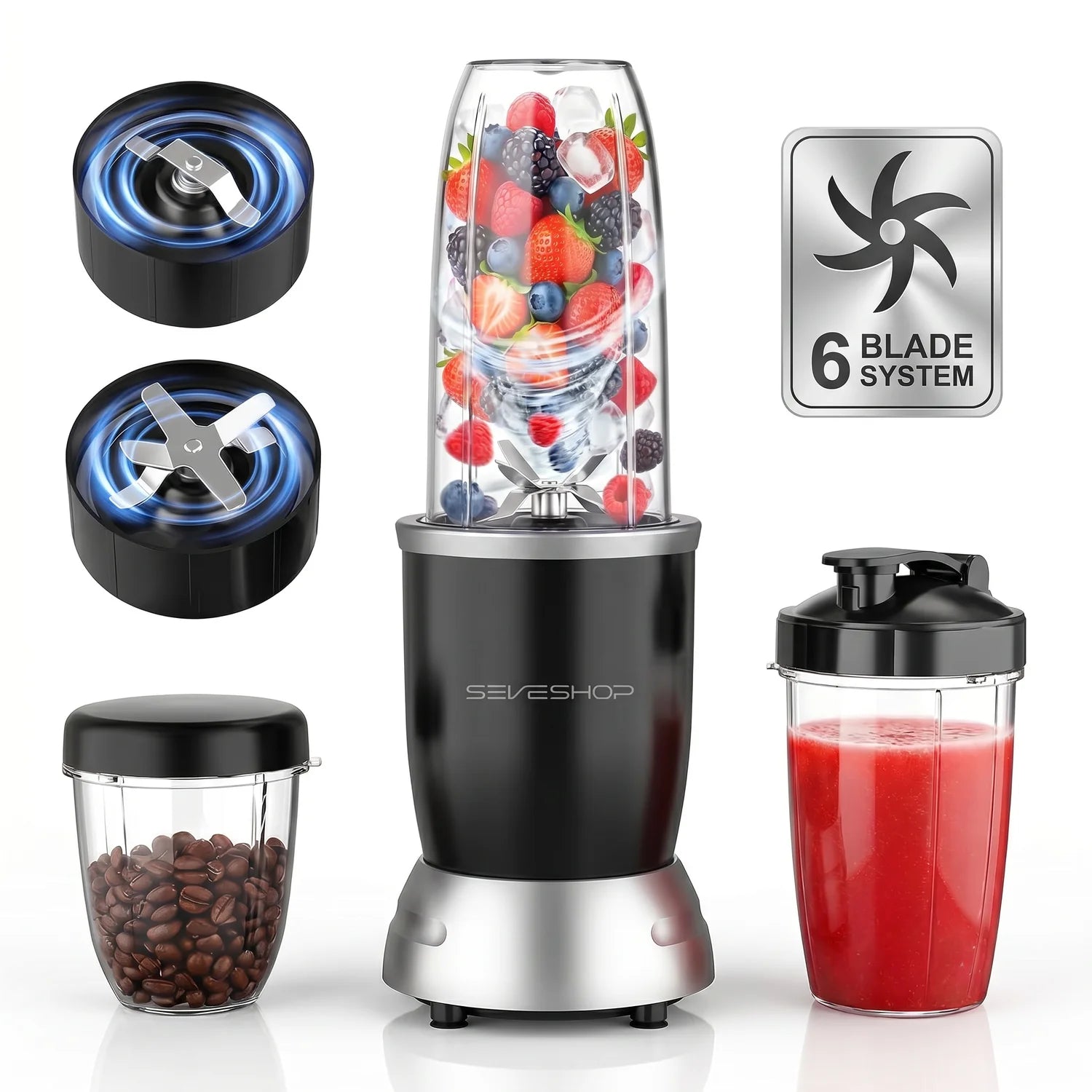 Blender Portabil BL916 1200W cu 3 Recipiente, 25000 RPM, Smoothie si Macinare