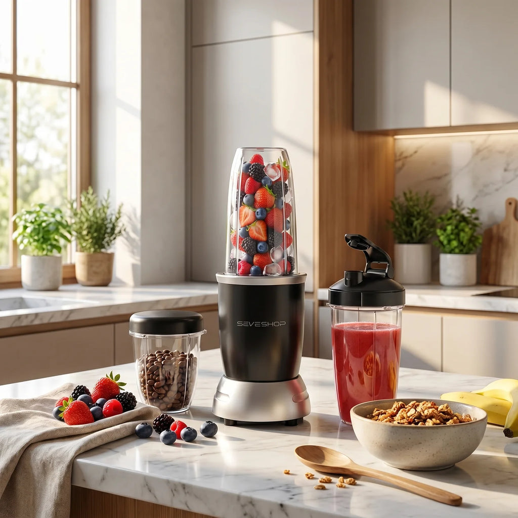 blender portabil care prepară smoothie-uri și macină cu viteză mare
