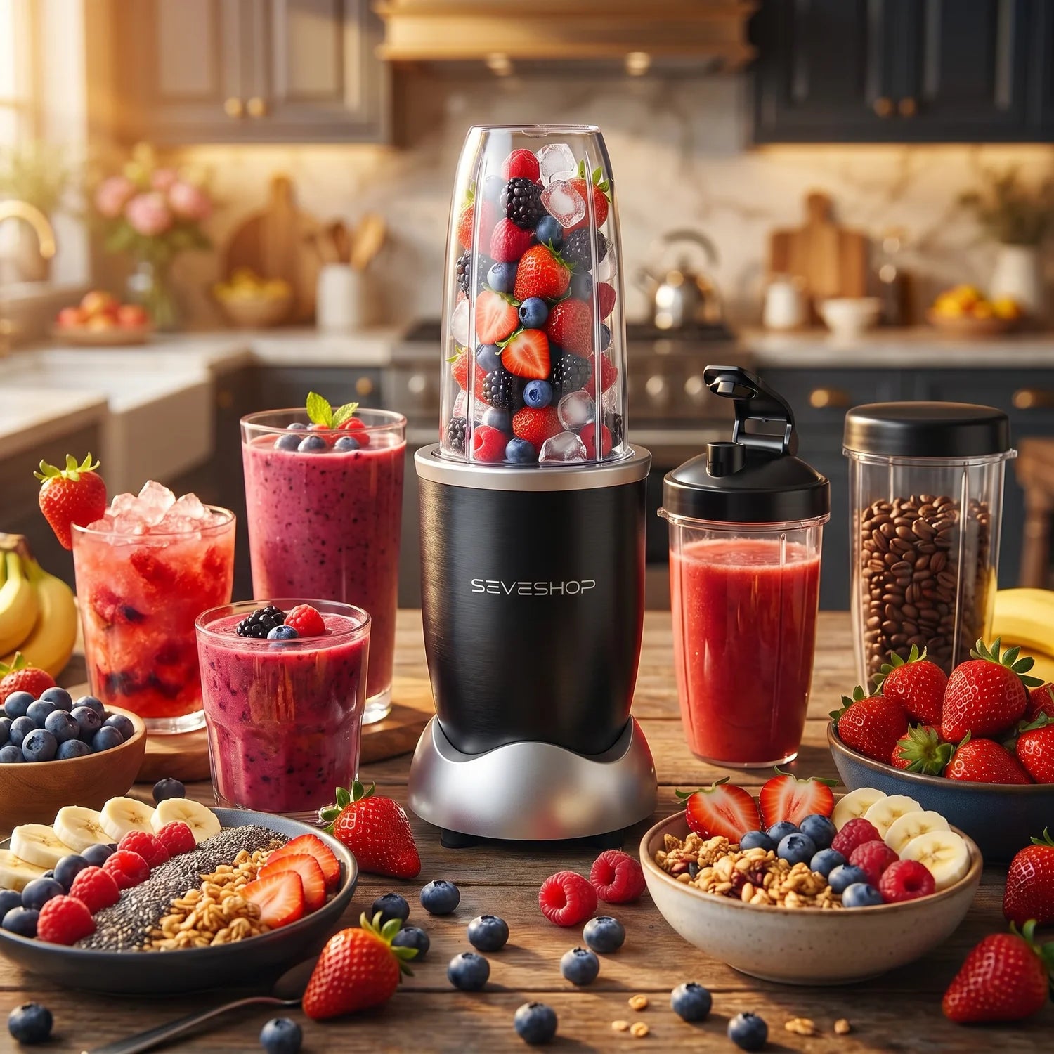 Blender Portabil BL916 1200W cu 3 Recipiente, 25000 RPM, Smoothie si Macinare