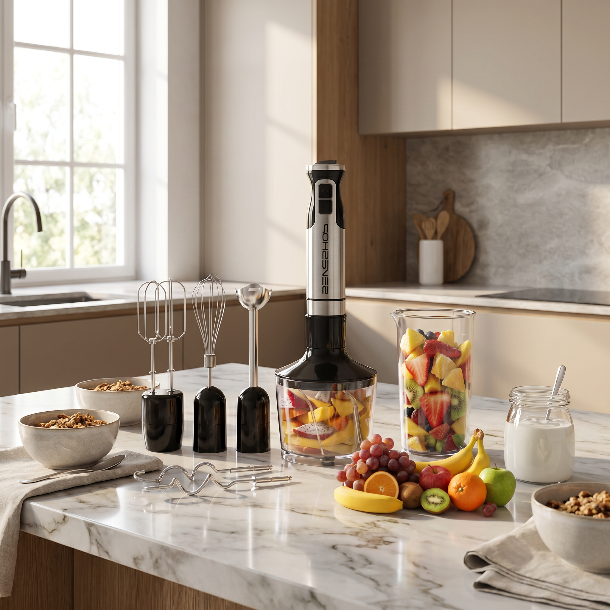 blender vertical argintiu cu tel, tocător și pahar gradat pe blatul bucătăriei