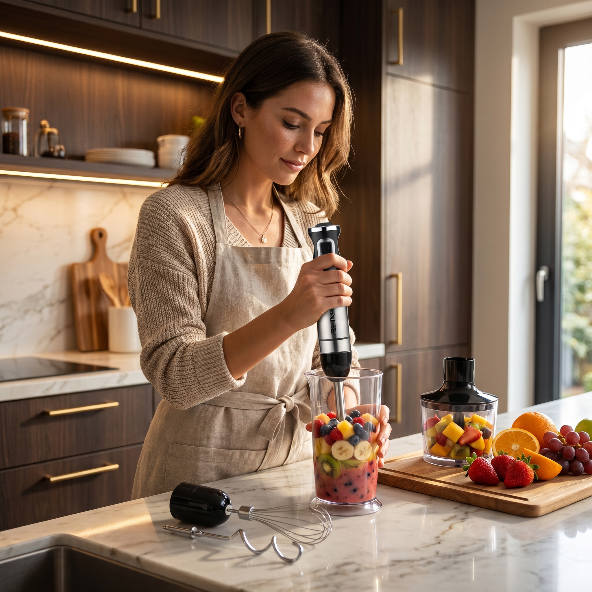 blender vertical argintiu ergonomic, ușor de folosit cu o singură mână