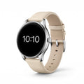 Ceas smartwatch dama S27 cu carcasa rotunda argintie si curea bej