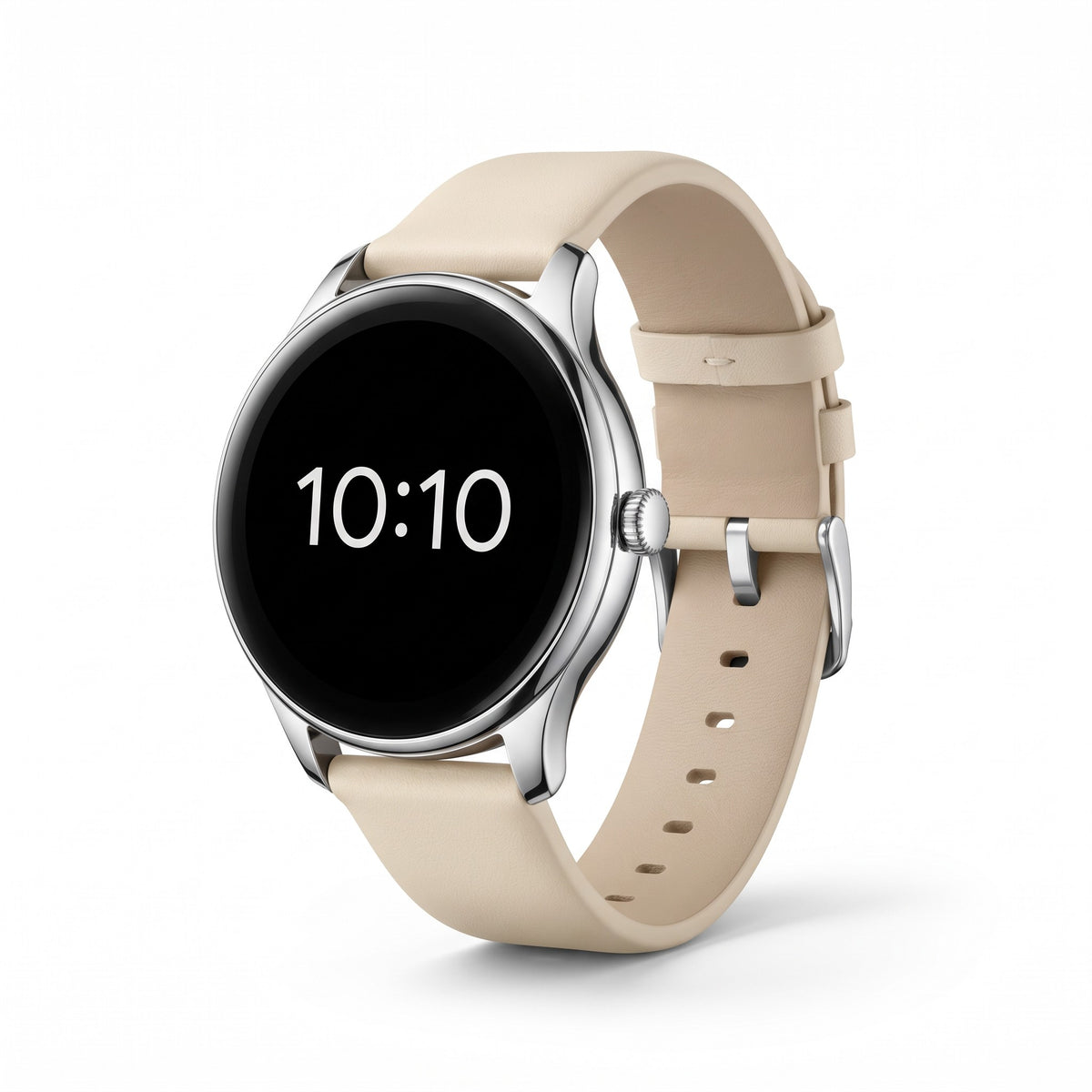 Ceas smartwatch dama S27 cu carcasa rotunda argintie si curea bej