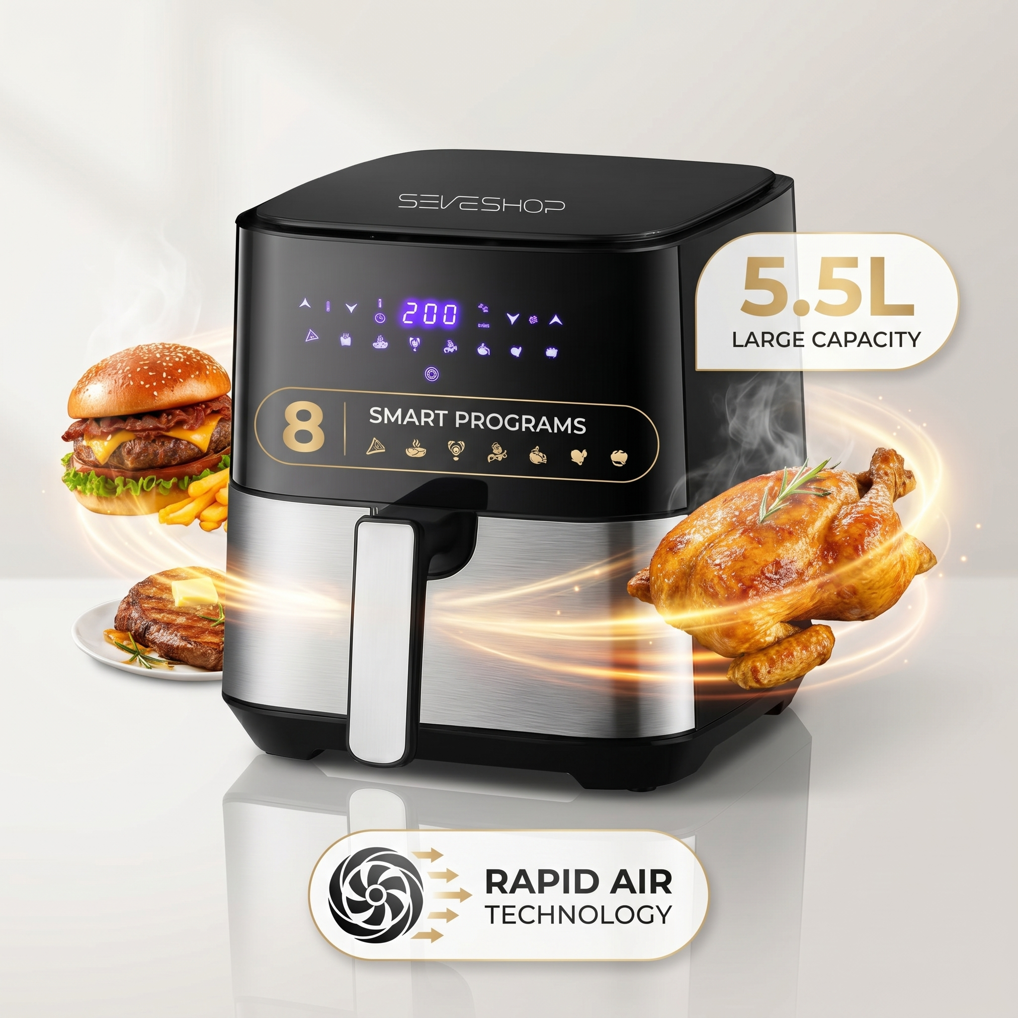 Friteuza cu Aer Cald 5.5L, 8 Programe Digitale si 1400W, Fara Ulei — RESIGILAT