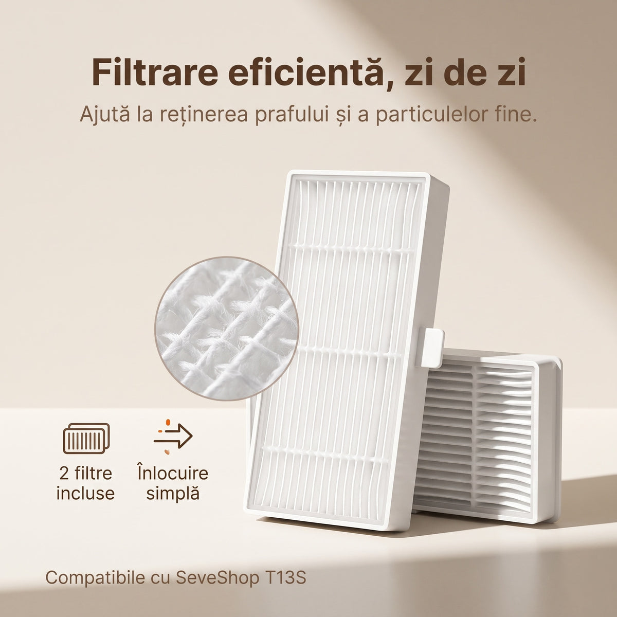 Două filtre de schimb albe pentru aspiratorul robot T13S, cu detaliu mărit al materialului filtrant