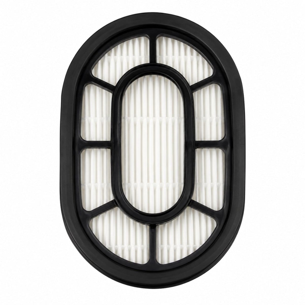 Filtru HEPA pentru aspiratorul vertical SeveShop V20, cadru oval negru și material filtrant alb pliat