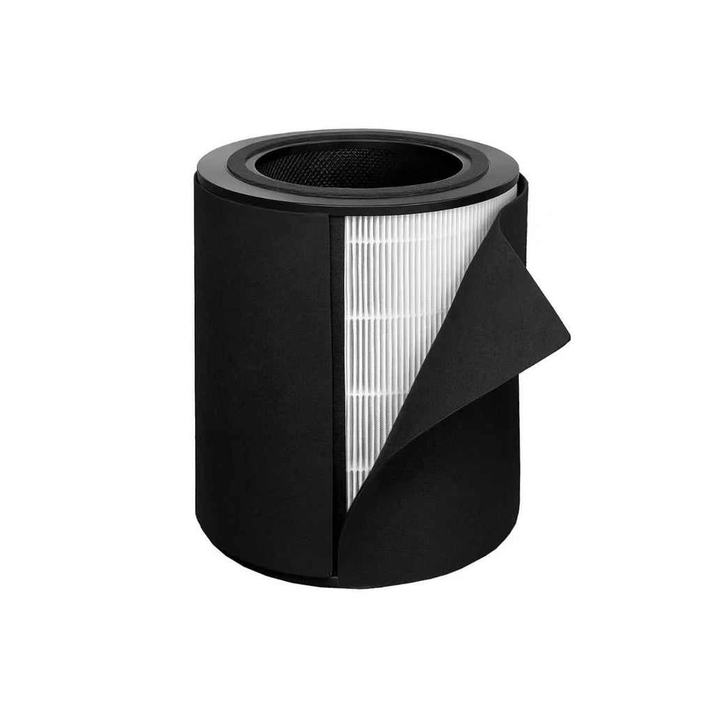 Filtru HEPA H13 pentru purificatorul AP391P: cartuș cilindric cu învelișul negru desfăcut și pliurile albe la vedere