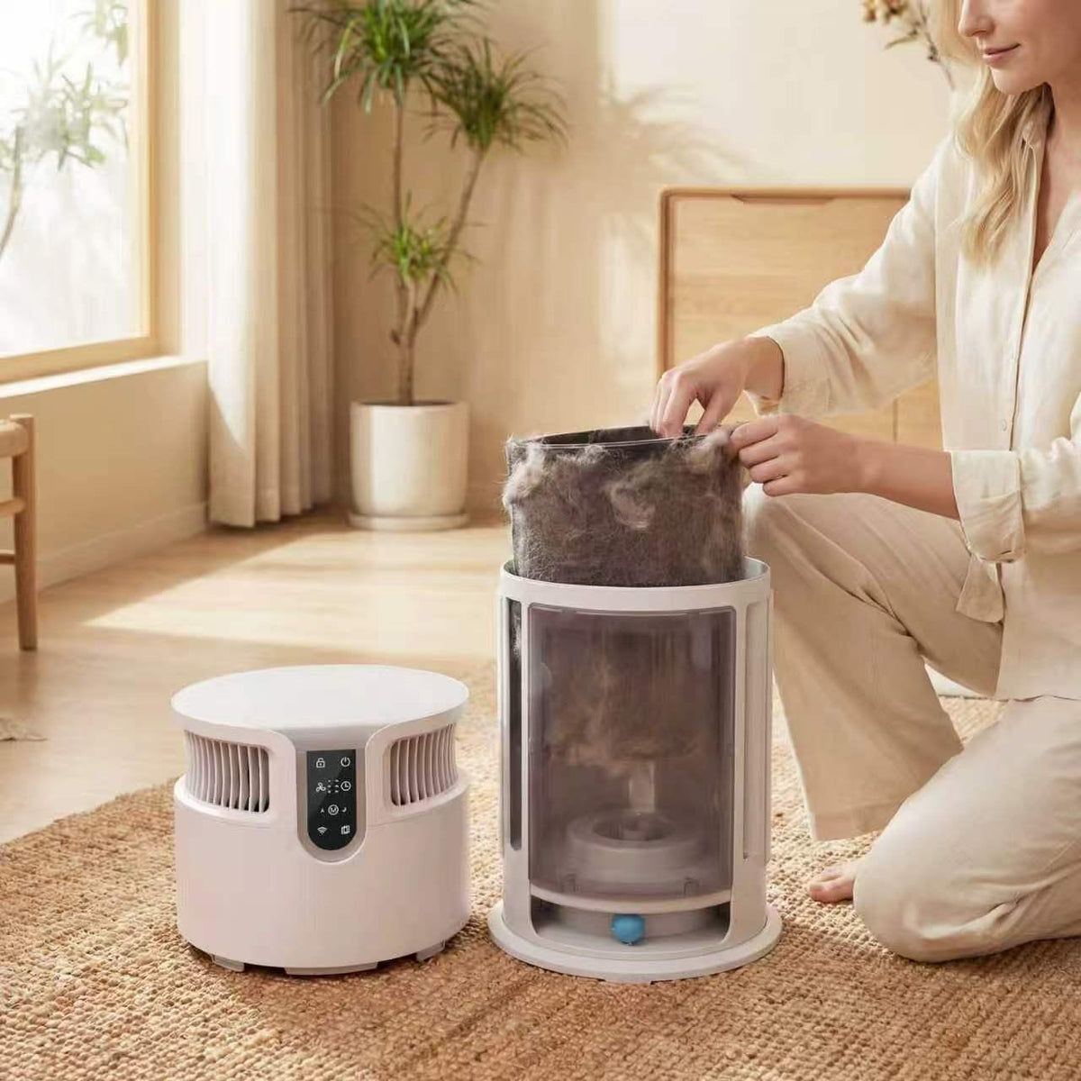 Filtru încărcat cu păr de animale scos din carcasa transparentă a purificatorului de aer AP391P