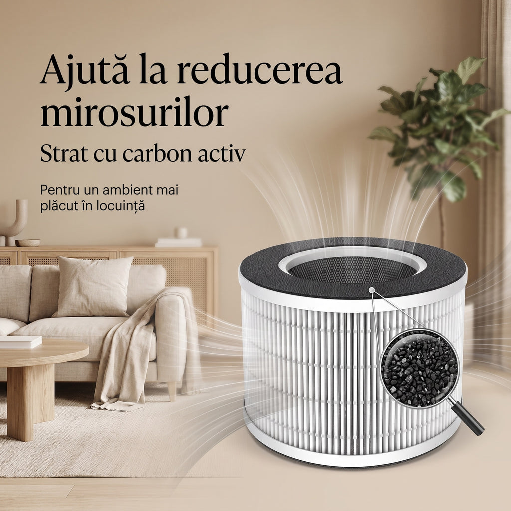 Filtrul VK-6080B într-un living, cu lupă pe granulele de carbon activ care ajută la reducerea mirosurilor