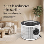 Filtrul VK-6080B într-un living, cu lupă pe granulele de carbon activ care ajută la reducerea mirosurilor