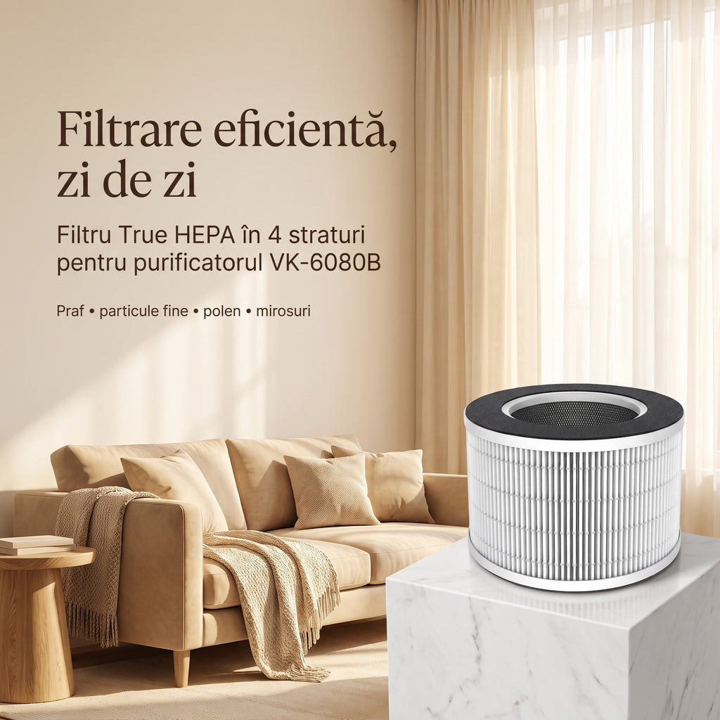 Filtru True HEPA în 4 straturi pentru VK-6080B, așezat pe un postament de marmură într-un living luminos